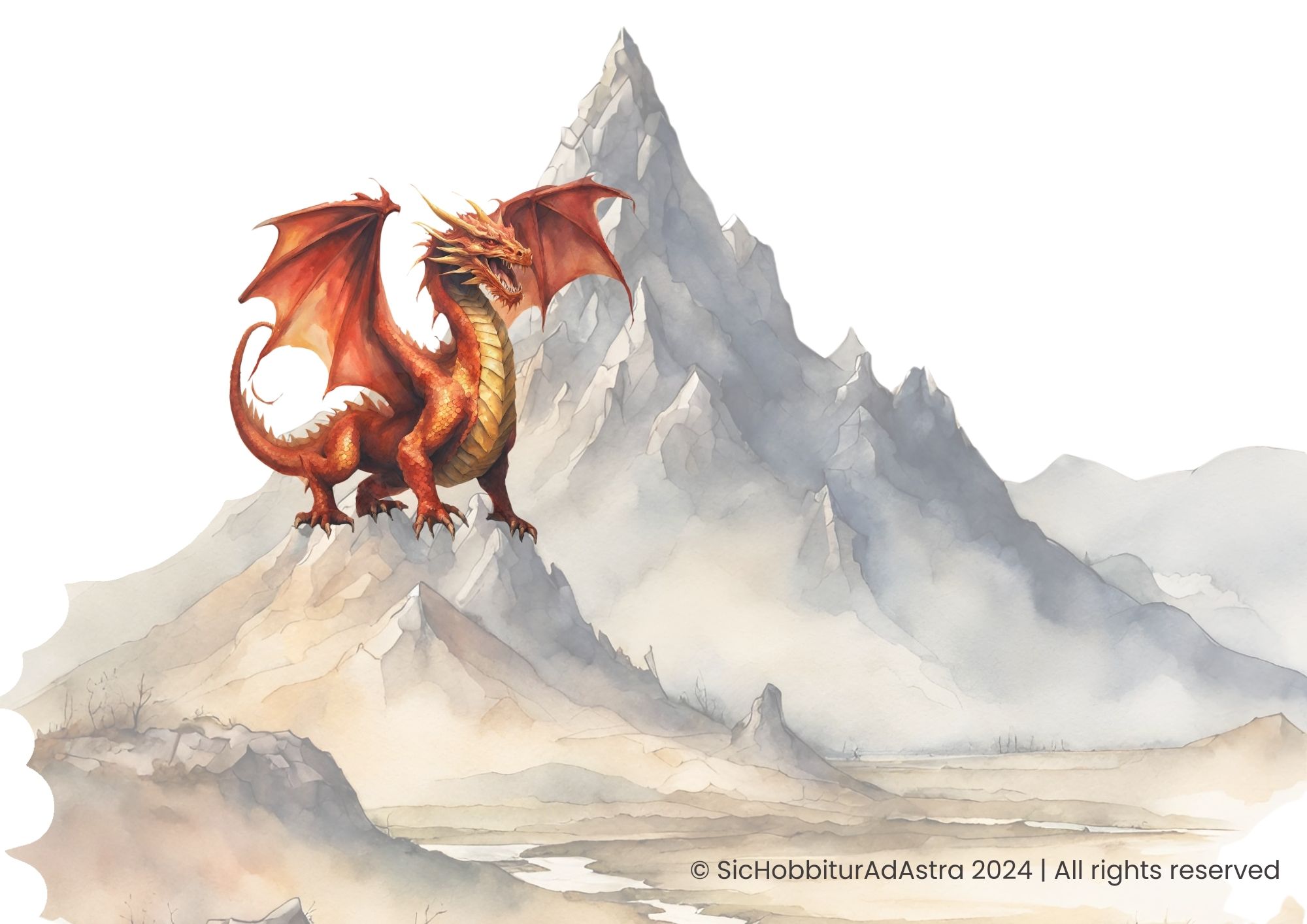 Watercolor illustration of Smaug the dragon from The Hobbit by J.R.R. Tolkien, coiled around treasure inside the Lonely Mountain