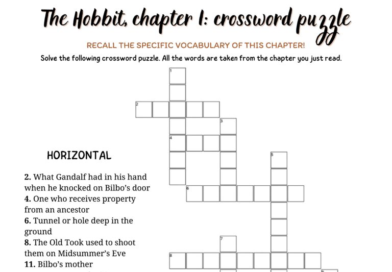 Printable crossword puzzle for Chapter 1 of The Hobbit by J.R.R. Tolkien, designed for middle school ELA students to enhance vocabulary, comprehension, and character understanding.