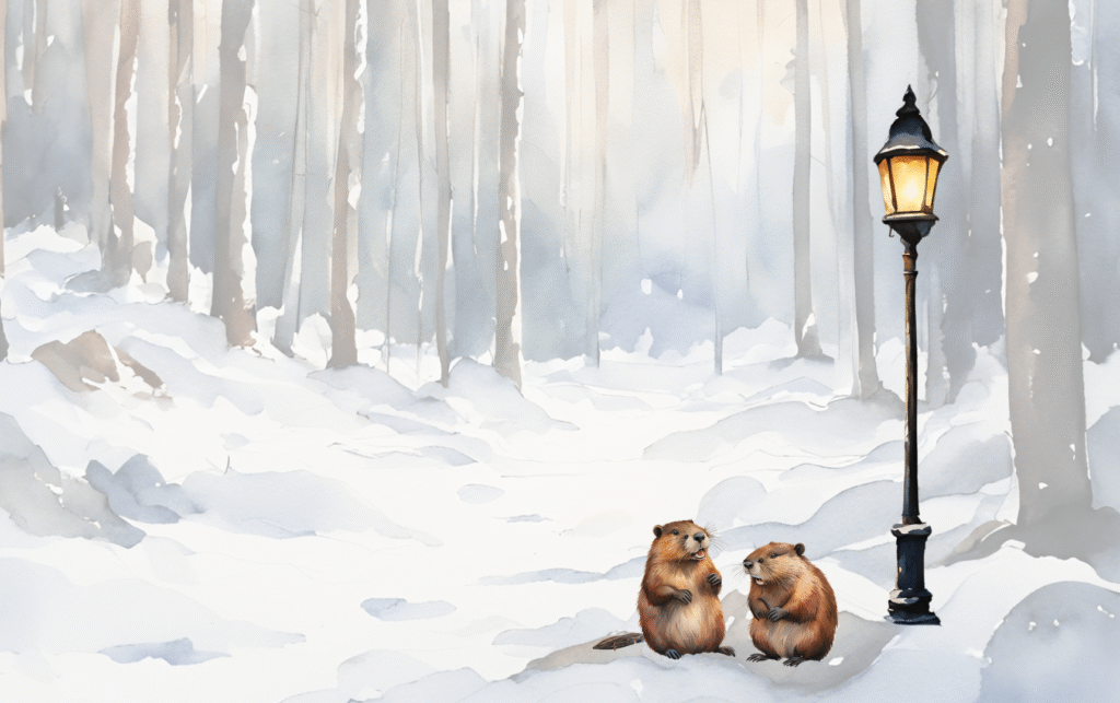 Snowy Narnia with the two Beavers near the glowing lamp-post, evoking the magical world of The Lion, the Witch and the Wardrobe.