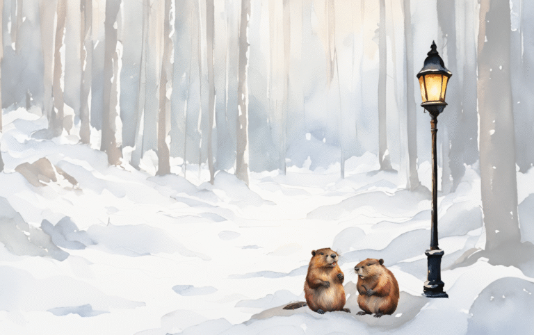 Snowy Narnia with the two Beavers near the glowing lamp-post, evoking the magical world of The Lion, the Witch and the Wardrobe.