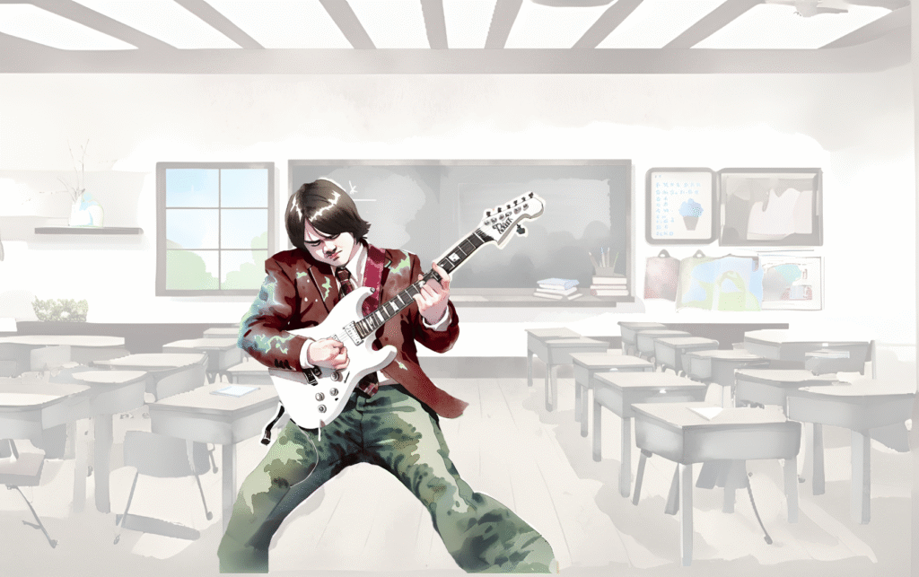 Teacher playing electric guitar in classroom, illustrating starting 6th grade with School of Rock theme.