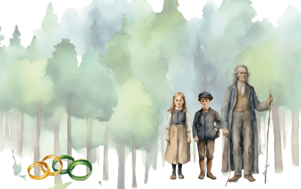 Digory and Polly exploring the Wood between the Worlds — an illustration for The Magician’s Nephew themes, highlighting key moments and characters.
