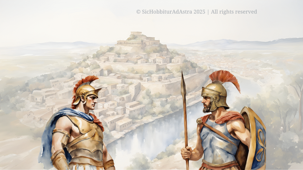 Achilles and Agamemnon lock eyes in front of the city of Troy, symbolizing the conflict and tension at the heart of the Iliad.