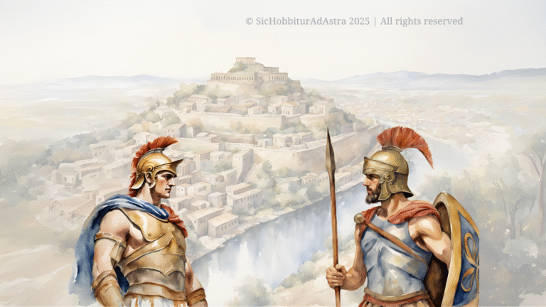 Achilles and Agamemnon lock eyes in front of the city of Troy, symbolizing the conflict and tension at the heart of the Iliad.
