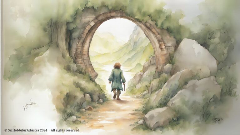 Bilbo Baggins stepping out of his hobbit-hole — an inspiring image for back to school and the start of a new journey.
