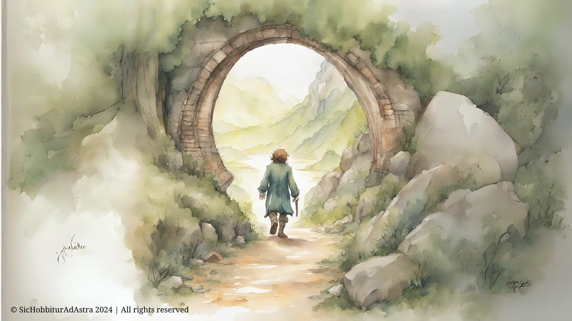 Out the Door – Bilbo’s First Step into Adventure Bilbo Baggins stepping out of his hobbit-hole — an inspiring image for back to school and the start of a new journey.