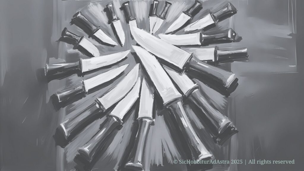 A table with knives pointing at each other, symbolizing suspense and plot twists in mystery writing activities for middle school students.