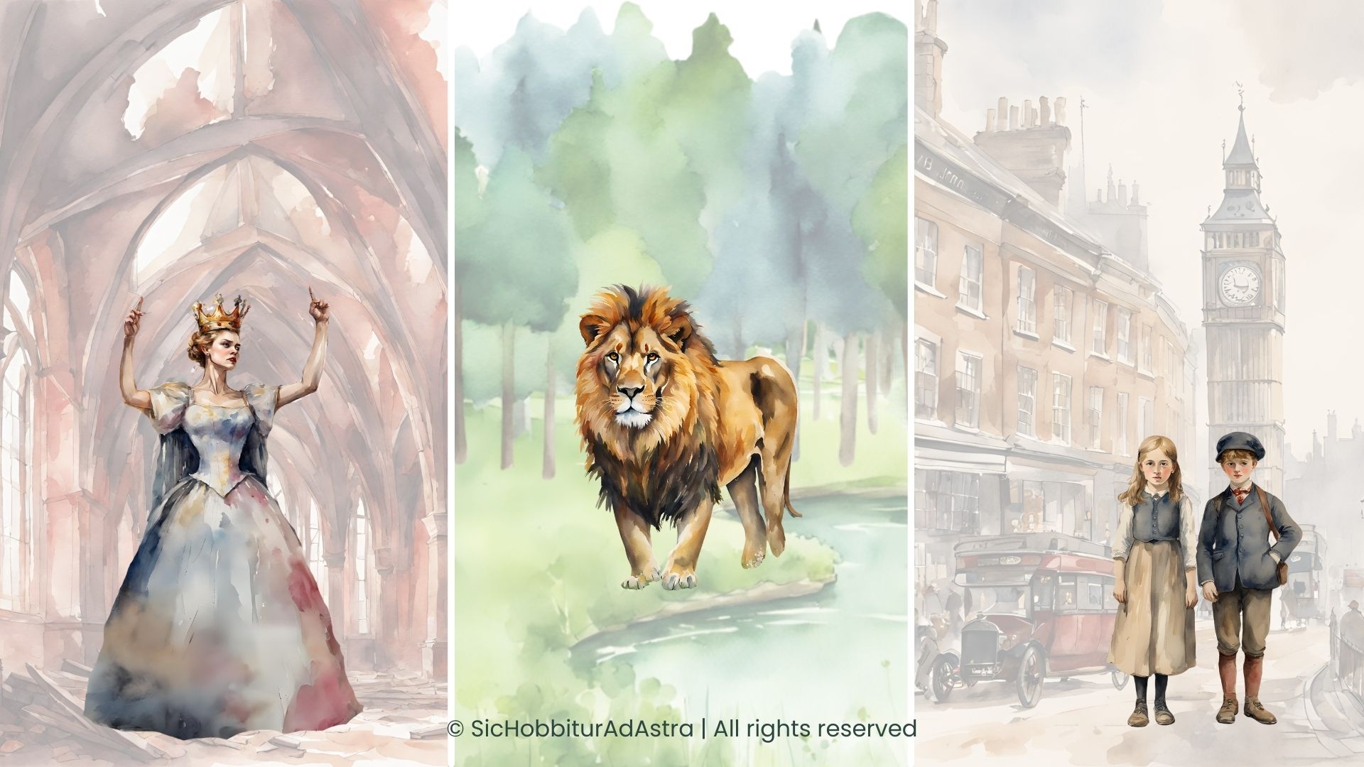 Teaching The Magician’s Nephew- Characters and Settings Overview Teaching The Magician’s Nephew: Aslan in the forest, the White Witch in Charn, Digory and Polly with London in the background – an educational illustration for middle school teachers.