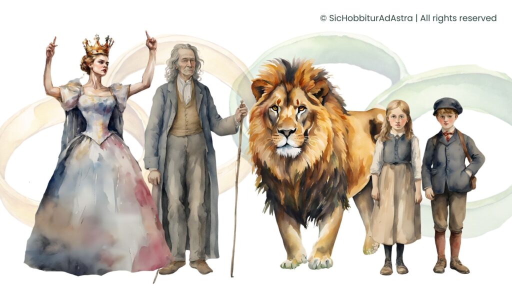 Teaching The Magician’s Nephew- Characters and the Four Rings Teaching The Magician’s Nephew: Aslan, the White Witch, Digory, Polly, and Uncle Andrew with the four magic rings in the background, middle school literature illustration.