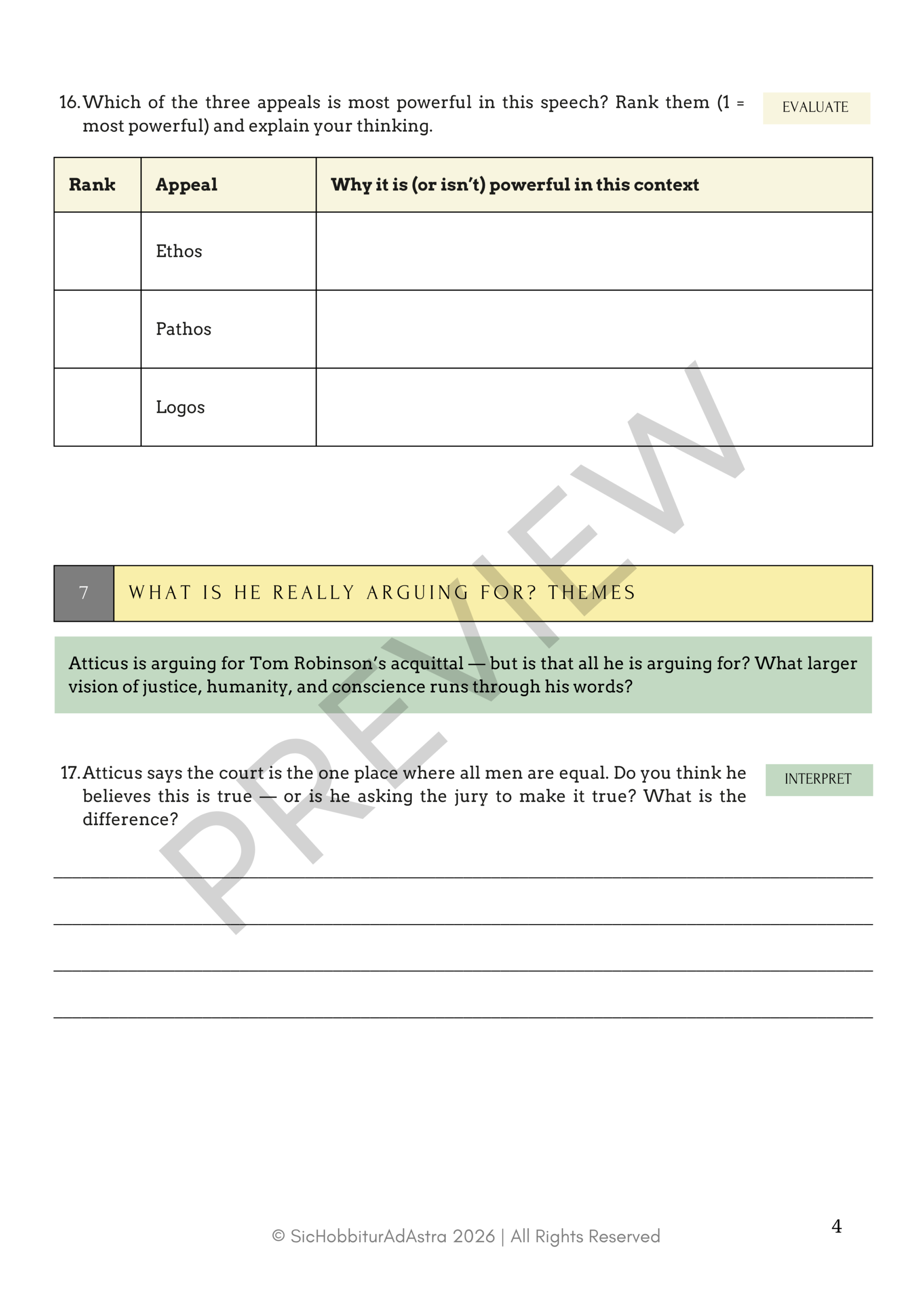 Preview of Atticus Finch closing argument student workbook — scaffolded analysis grades 8-10
