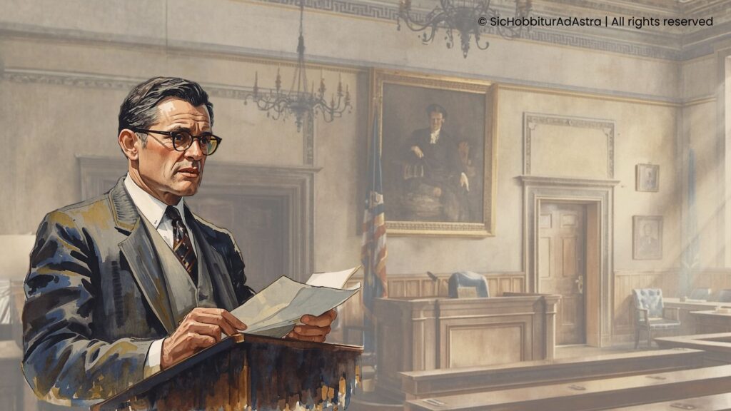 Watercolor illustration of Atticus Finch delivering his closing argument in the Maycomb courtroom — To Kill a Mockingbird Chapter 20
