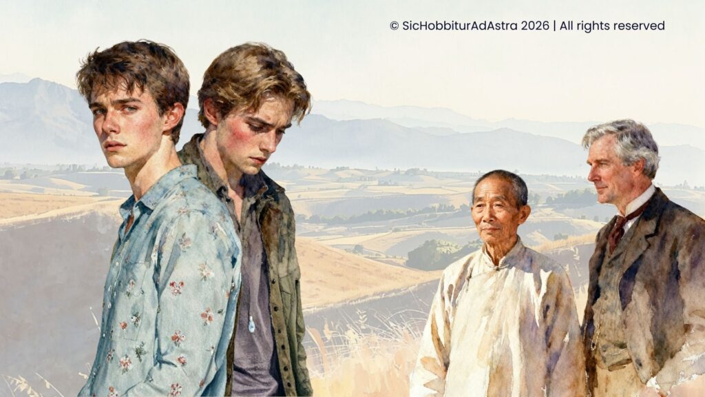 Watercolor illustration of Cal, Aron, Lee, and Adam from East of Eden by John Steinbeck, with the Salinas Valley in the background
